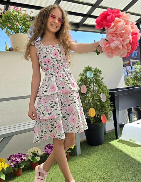 [6-14Y] Arshiner Girls Dresses Ruffle Flutter Sleeve Floral Tiered Party Dress