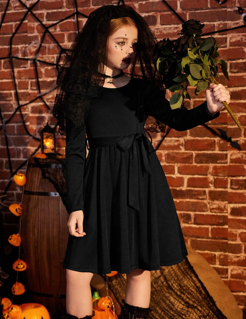 Arshiner Girls Dresses Puff Long Sleeve Formal Belted Dress