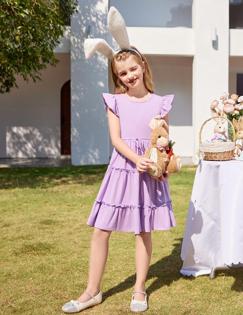 Arshiner Girl's Dress Ruffle Sleeve Tiered Dresses with Pockets 5-12 Years