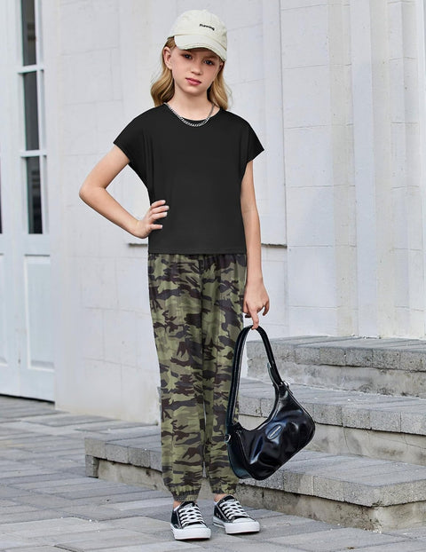 【6-14Y】Arshiner Girls 2 Piece Sets Drop Shoulder Top Sweatpants Jogger