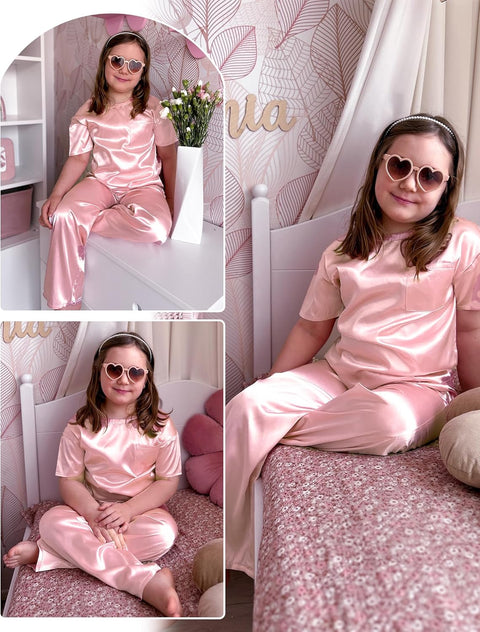 Arshiner Girls' Pajama Sets Satin Soft Silk Pjs Lounge Set Sleepwear