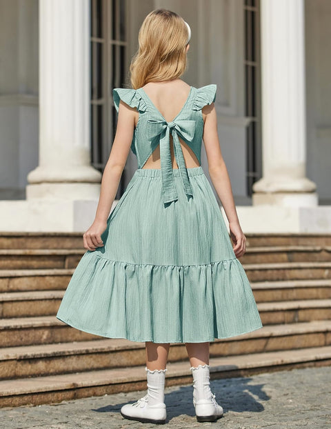 Arshiner Girls Tie Back Dress Tween Boho Flutter Sleeve Maxi Dresses