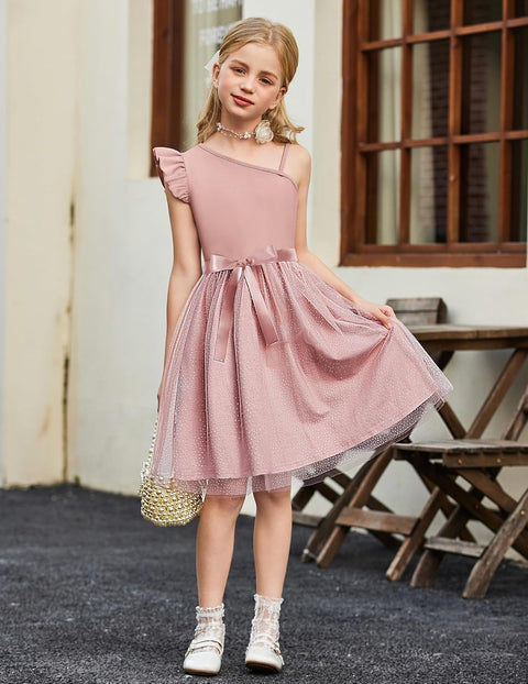 Arshiner Girls Dresses One Shoulder Ruffle Formal Tulle Dress
