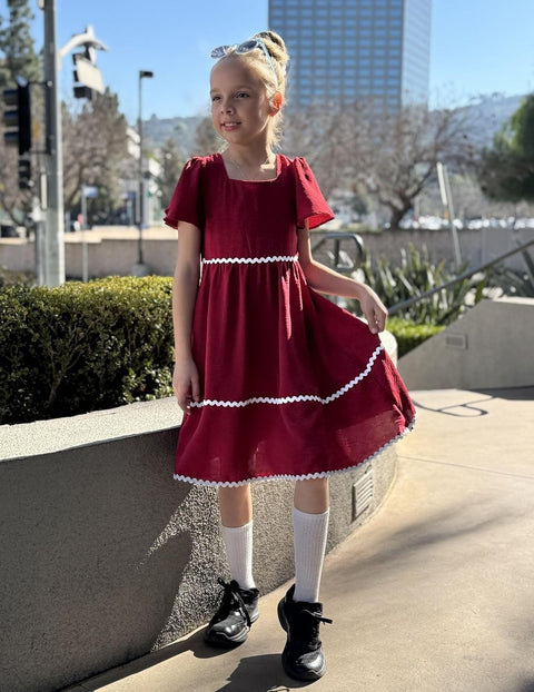 Arshiner Girls Dress Flutter RIC Rac Tiered Short Sleeve Dresses with Pockets