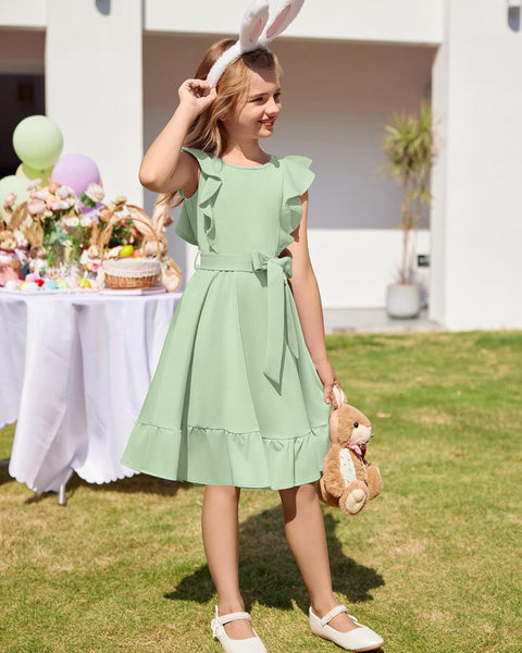 Arshiner Girls Belted Pockets Flutter Sleeve A-line Dresses