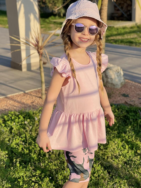 Arshiner Girls 2 Piece Outfit Ruffle Sleeve Peplum Top And Biker Shorts Set