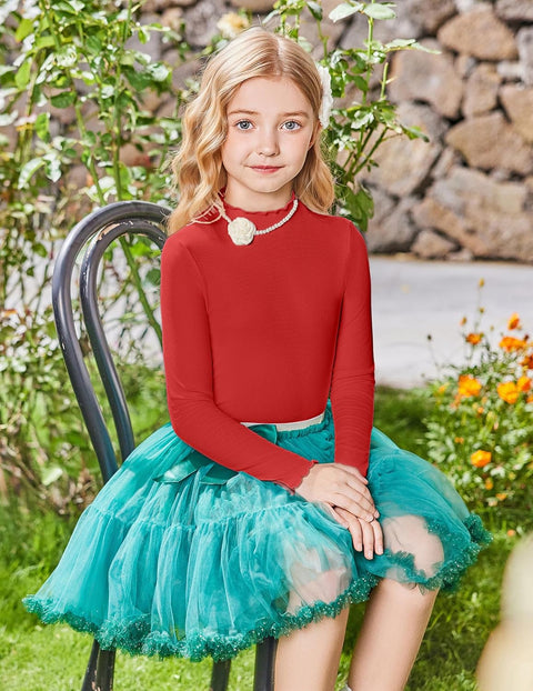 Arshiner Girls Lettuce Trim Mock Neck Ribbed Knit Tops