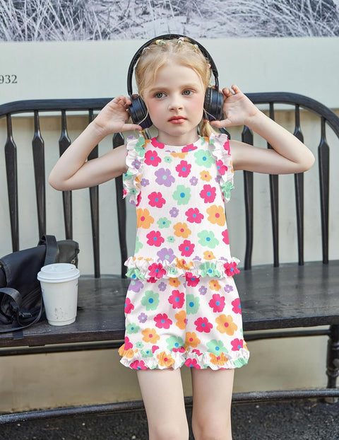 Arshiner Toddler Girls Clothes Ribbed Knit Ruffle Sleeveless Tops and Shorts with Pockets Cute Summer 2 Pieces Short Sets