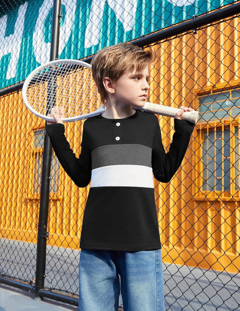 Arshiner Kids Boys Henley Shirts Cotton Long Sleeve T-Shirts Color Block Tee