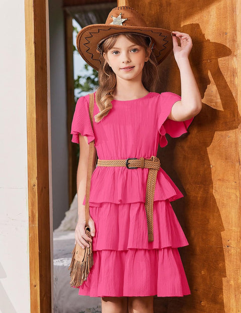 Arshiner Girls Dresses Elegant Ruffle Short Sleeve Back Tie Tiered Dresses