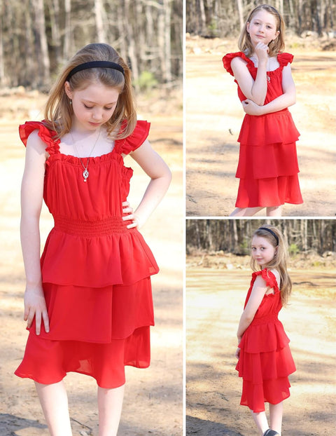 [6-14Y] Arshiner Girls Dresses Ruffle Flutter Sleeve Floral Tiered Party Dress