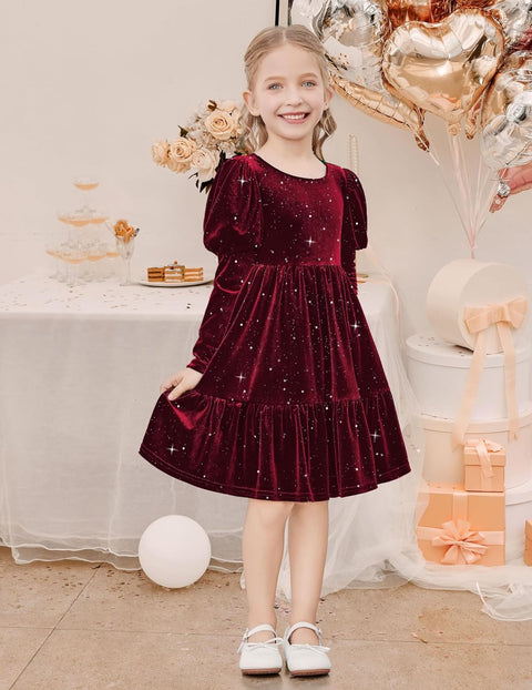 Arshiner Toddler Velvet Dress Girls Puff Party Ruffle Dresses