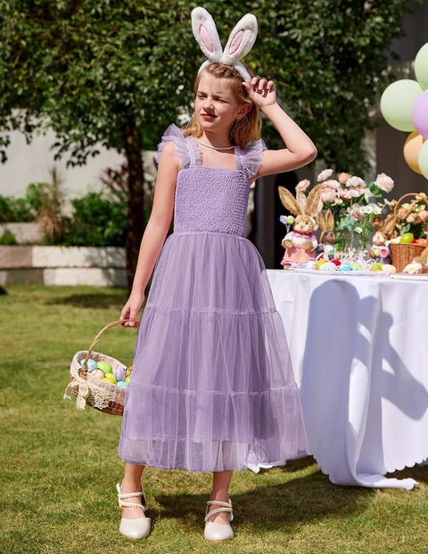 Arshiner Tween Girls Dress Ruffle Sleeve Elastic Straps Smocked Tulle Sundress