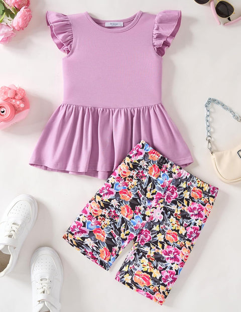 Arshiner Girls 2 Piece Outfit Ruffle Sleeve Peplum Top And Biker Shorts Set