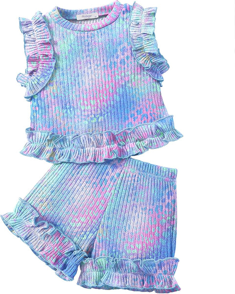 Arshiner Toddler Girls Clothes Ribbed Knit Ruffle Sleeveless Tops and Shorts with Pockets Cute Summer 2 Pieces Short Sets