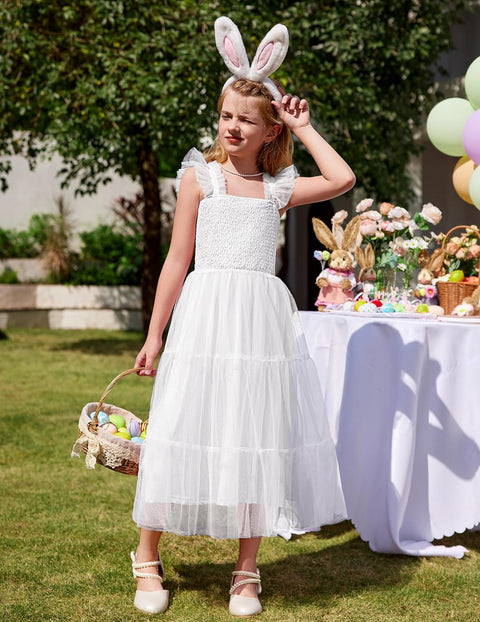 Arshiner Tween Girls Dress Ruffle Sleeve Elastic Straps Smocked Tulle Sundress