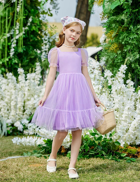 【6-16Y】Arshiner Girls Dresses Tulle Bow Tie Back Puff Sleeve Dress
