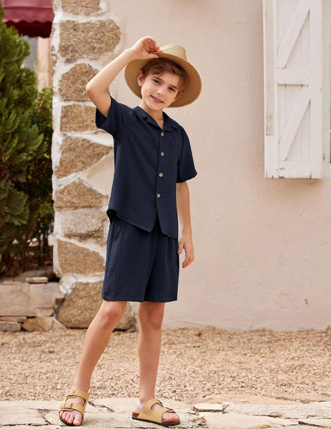 Arshiner Boys 2 Pieces Summer Beach Outfits Short Sleeve Button Down Shirts and Shorts Vacation Texture Sets for Kids