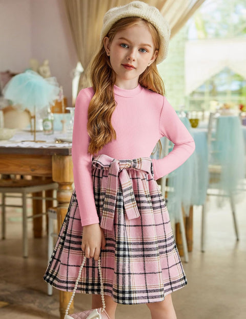Arshiner Girls Dresses Long Sleeve Rib Knit Plaid Patchwork Belted Dress