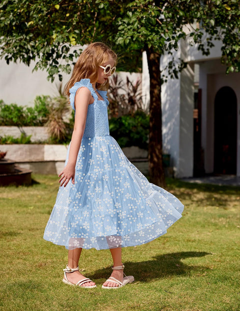 Arshiner Tween Girls Dress Ruffle Sleeve Elastic Straps Smocked Tulle Sundress