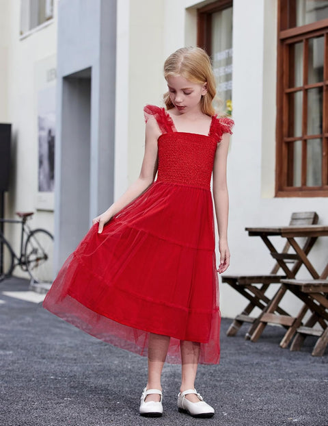 Arshiner Tween Girls Dress Ruffle Sleeve Elastic Straps Smocked Tulle Sundress