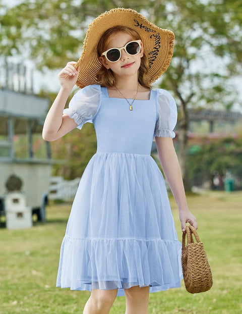【6-16Y】Arshiner Girls Dresses Tulle Bow Tie Back Puff Sleeve Dress
