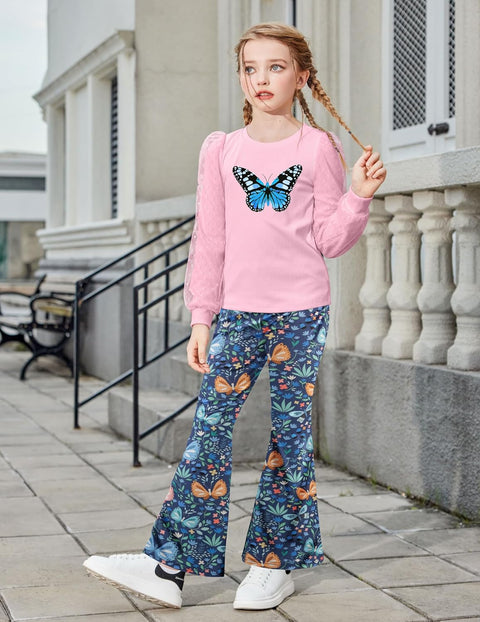 Arshiner Girls 2 Piece Outfits Knit Tulle Puff Top and Flare Pants Set