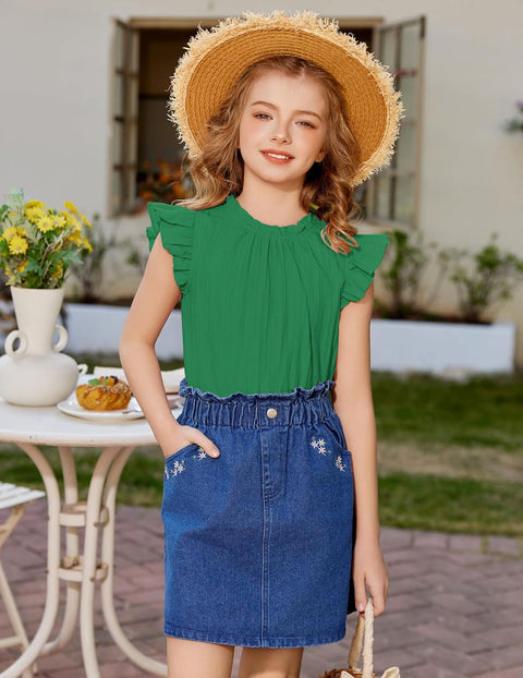 Arshiner Girls Ruffle Short Sleeve Shirts Frill Neck Pleated Blouse Tops