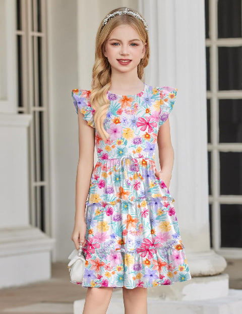 Arshiner Girl's Dress Ruffle Sleeve Tiered Dresses with Pockets 5-12 Years