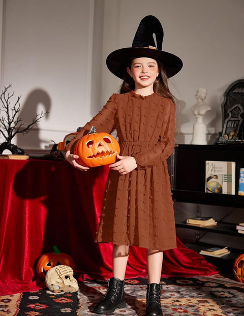 Arshiner Girls Dress Long Sleeve Swiss Dot Ruffle Collar Flowy A-Line Party Dress for Kids 5-13Y