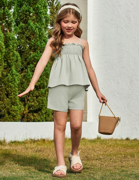 【2-8Y】Arshiner Toddler Girls 2 Piece Outfits Ruffle Hem Camisole & Shorts Set