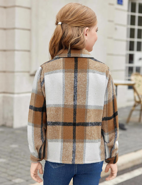 Arshiner Girls Flannel Cropped Shacket Plaid Jacket