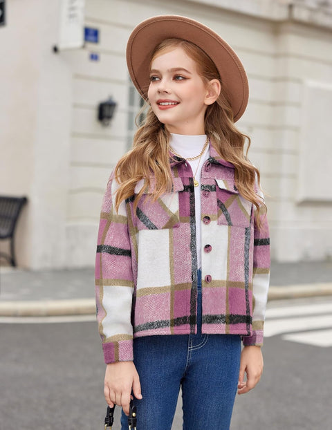 Arshiner Girls Flannel Cropped Shacket Plaid Jacket