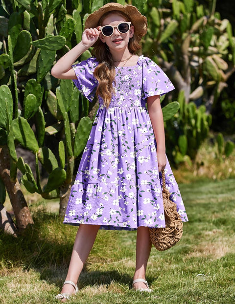 Arshiner Girls Dress Boho Smocked Swing Flowy Ruffle Midi Dresses