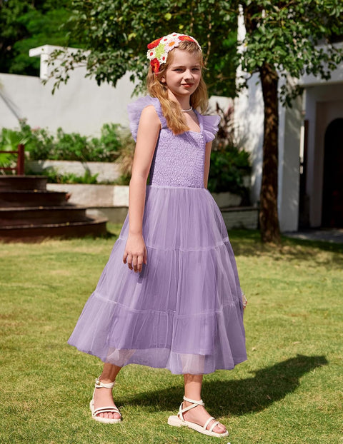 Arshiner Tween Girls Dress Ruffle Sleeve Elastic Straps Smocked Tulle Sundress