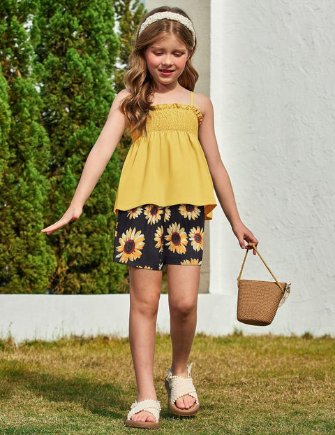 【2-8Y】Arshiner Toddler Girls 2 Piece Outfits Ruffle Hem Camisole & Shorts Set