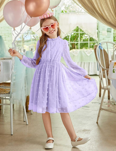Arshiner Girls Dress Long Sleeve Swiss Dot Ruffle Collar Flowy A-Line Party Dress for Kids 5-13Y