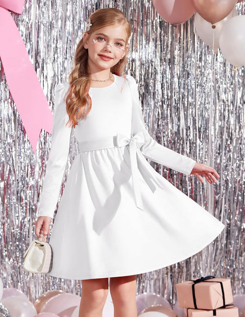 Arshiner Girls Dresses Puff Long Sleeve Formal Belted Dress