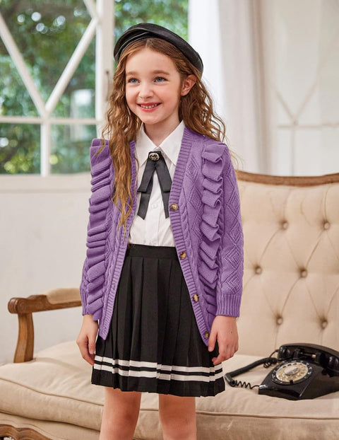 Arshiner Girls Cardigan Sweaters Ruffle School Uniform Sweater
