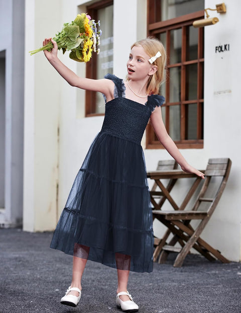 Arshiner Tween Girls Dress Ruffle Sleeve Elastic Straps Smocked Tulle Sundress