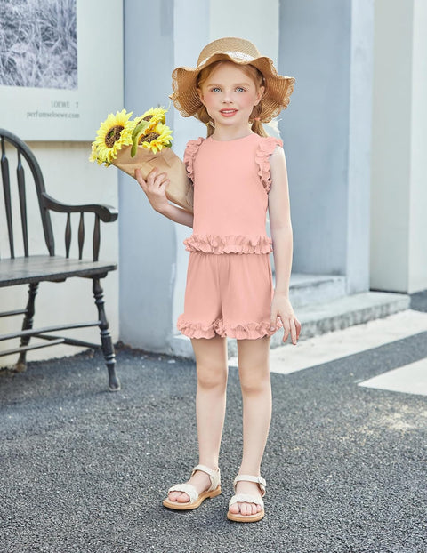 Arshiner Toddler Girls Clothes Ribbed Knit Ruffle Sleeveless Tops and Shorts with Pockets Cute Summer 2 Pieces Short Sets
