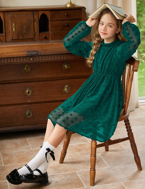 Arshiner Girls Dress Long Sleeve Swiss Dot Ruffle Collar Flowy A-Line Party Dress for Kids 5-13Y