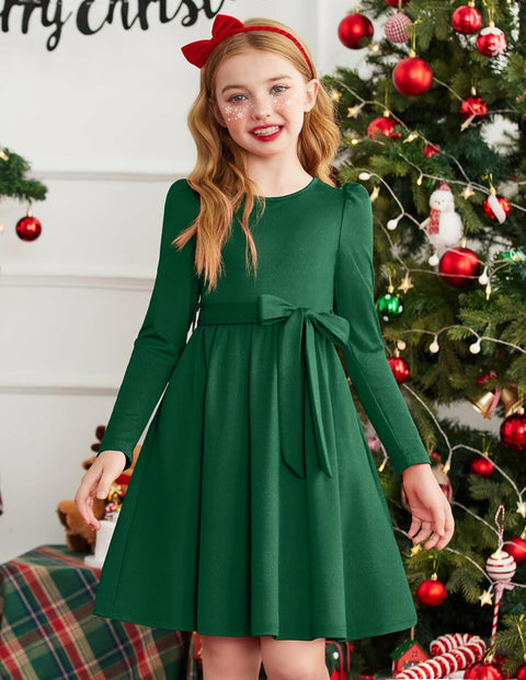 Arshiner Girls Dresses Puff Long Sleeve Formal Belted Dress