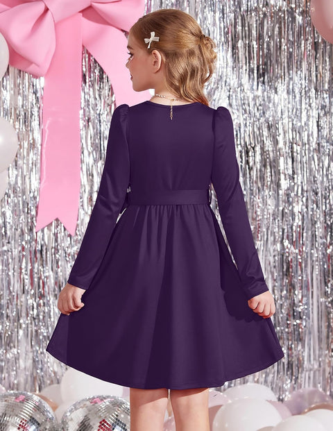 Arshiner Girls Dresses Puff Long Sleeve Formal Belted Dress
