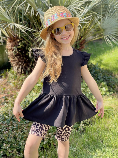 Arshiner Girls 2 Piece Outfit Ruffle Sleeve Peplum Top And Biker Shorts Set