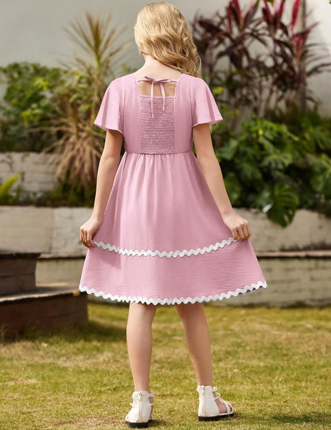 Arshiner Girls Dress Flutter RIC Rac Tiered Short Sleeve Dresses with Pockets