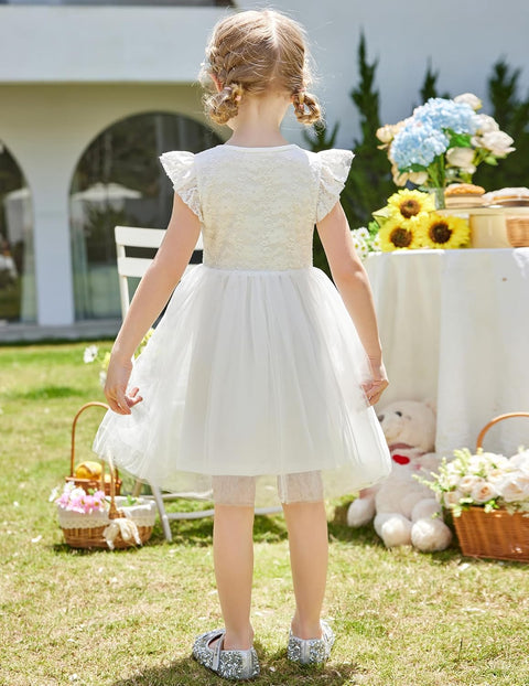 【2-8Y】Arshiner Toddler Lace Tutu Dresses Ruffle Sleeve 3 Layers Tulle Flower Dress