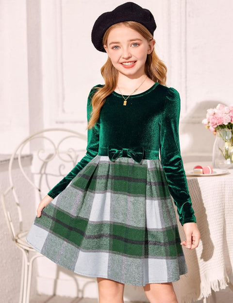 Arshiner Girls Dresses Velvet Plaid Patchwork Party Dress