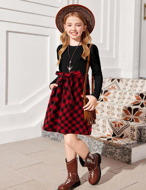 Arshiner Girls Dresses Puff Long Sleeve Rib Knit Plaid Belted Dress