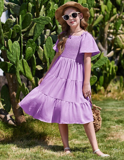 Arshiner Girls Dress Boho Smocked Swing Flowy Ruffle Midi Dresses